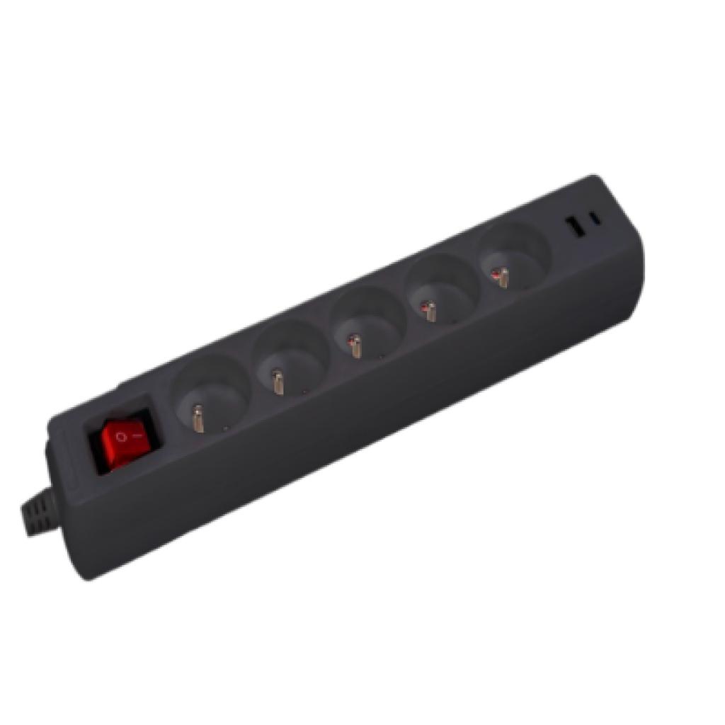 LUMX Stekkerdoos met schakelaar - 5-voudig, USB A+C 20W, zwart, H05VV-F vinyl, 3G 1,5 mm² - 1,5 m