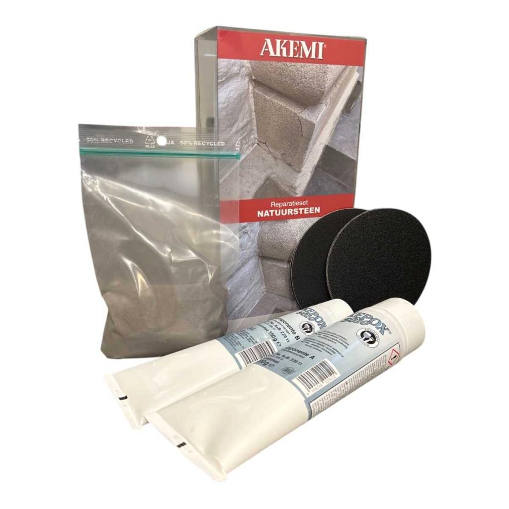 Akemi reparatie set blauwe steen (akepox 5010 + steenpoeder + schuurpapier 60-120)