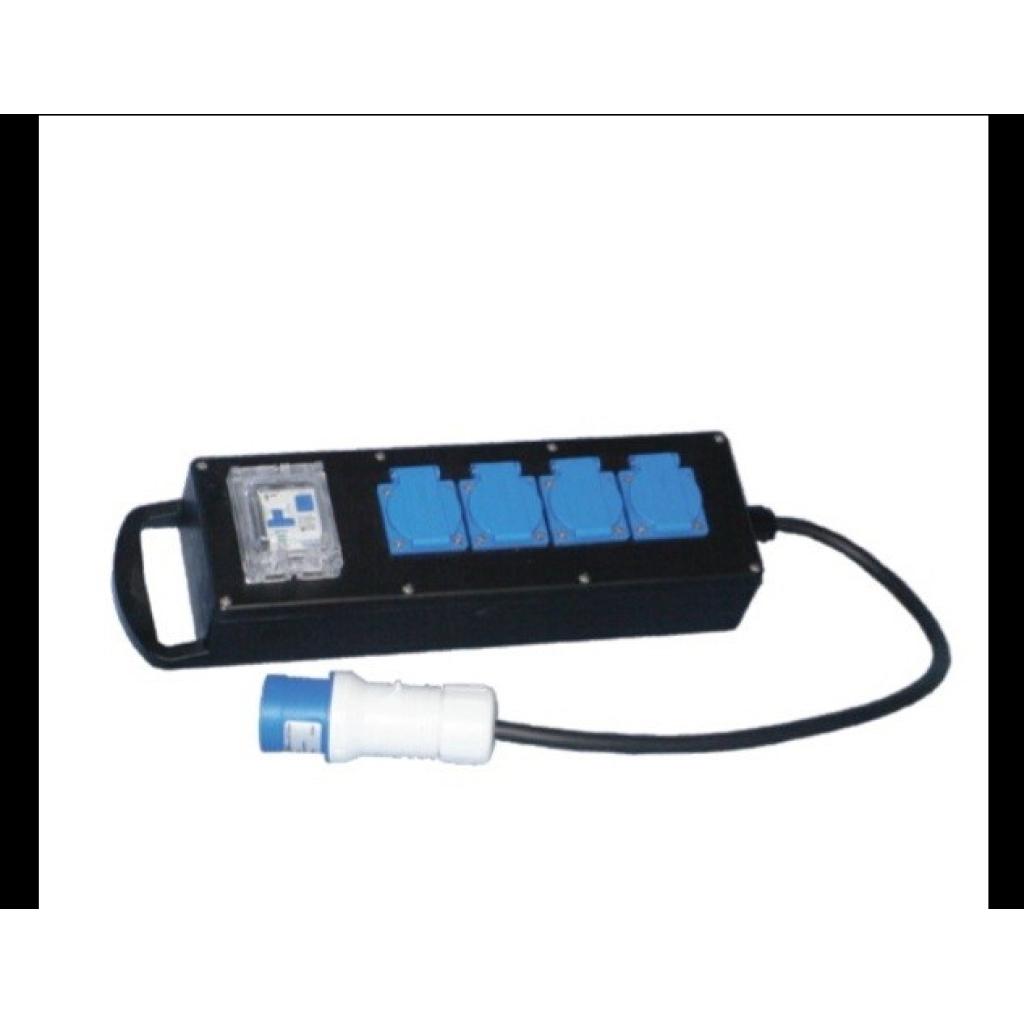 Verdeelblok rubber 16A/CEE stekker - 4 stekkers 230V/16A - verliesstroomschakelaar 30mA