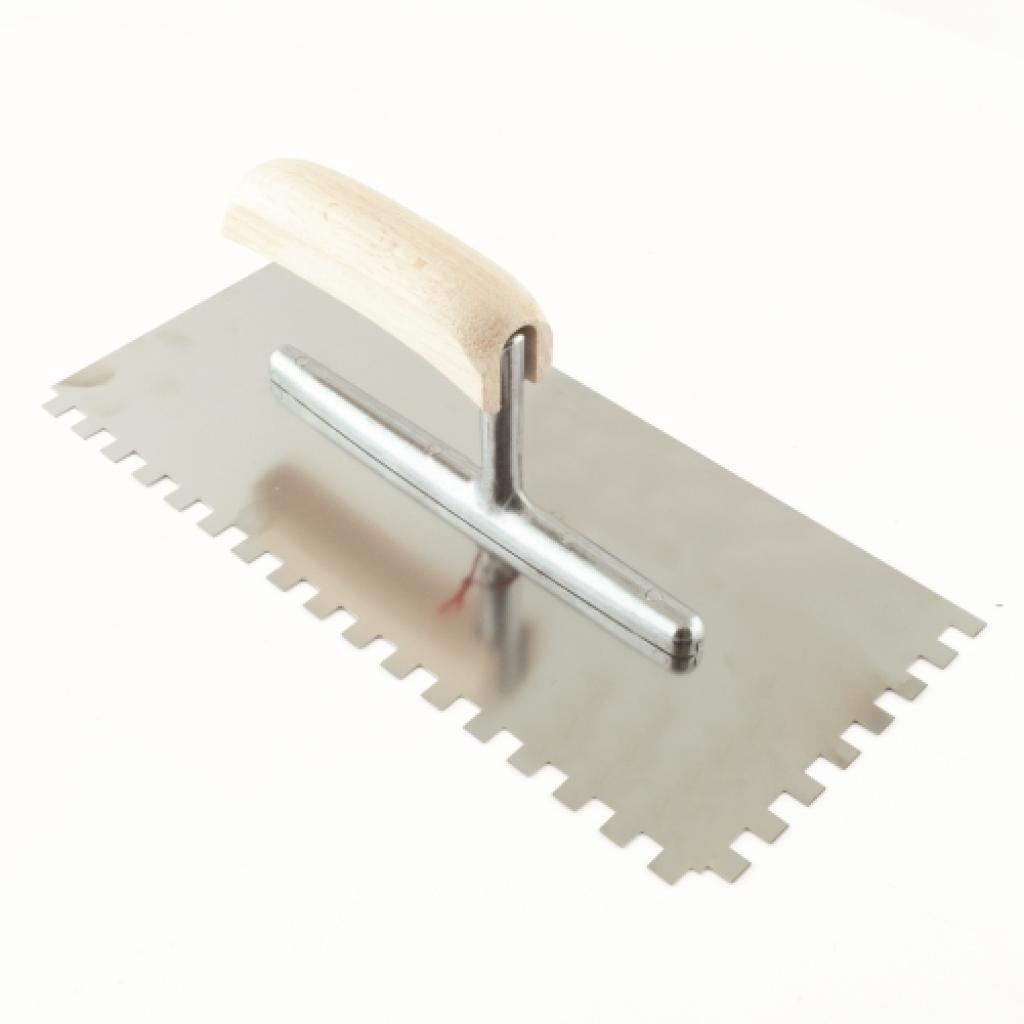 Getande spaan 280 x 130 / 12 x 12 mm / ZG37 met gebogen houten handgreep - inox